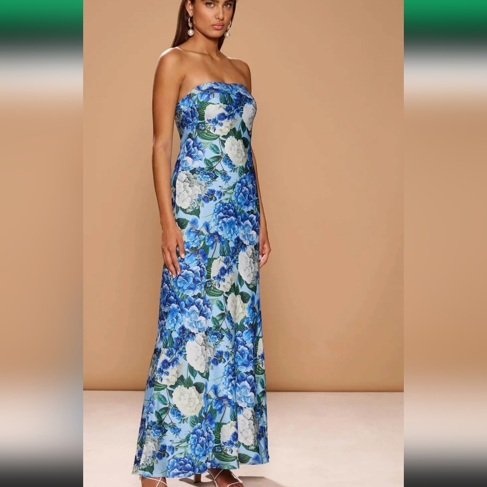 SONYA MODA ELA FLORAL STRAPLESS GOWN IN HYDRANGEA PRINT /SZ:LARGE